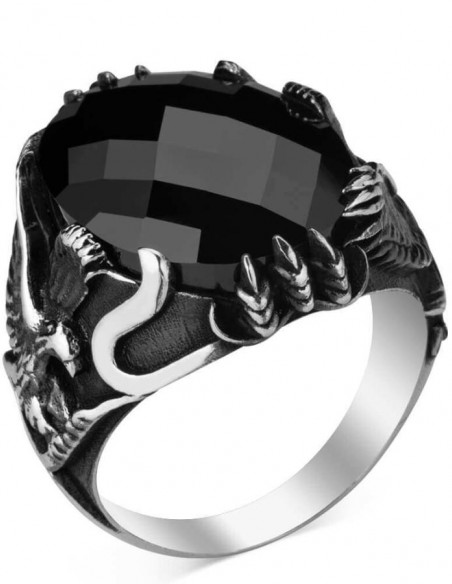 Kartal Figürlü Siyah Zirkon Taşlı Gümüş Erkek Yüzük