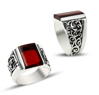 Kırmızı Ateş Kehribarı Erzurum El İşçiliği Gümüş Yüzük