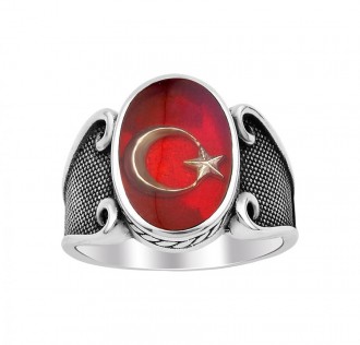 Kırmızı Mineli Ay Yıldız Motifli Gümüş Yüzük