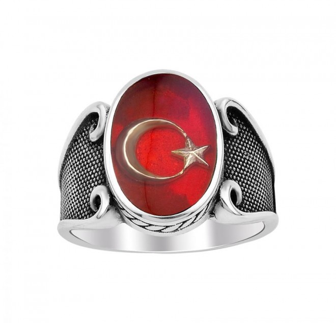 Kırmızı Mineli Ay Yıldız Motifli Gümüş Yüzük