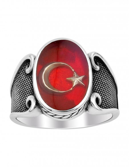 Kırmızı Mineli Ay Yıldız Motifli Gümüş Yüzük