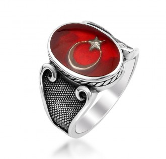 Kırmızı Mineli Ay Yıldız Motifli Gümüş Yüzük 2