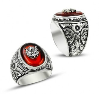 Kırmızı Taşlı Osmanlı Armalı Erzurum El İşi Gümüş Yüzük