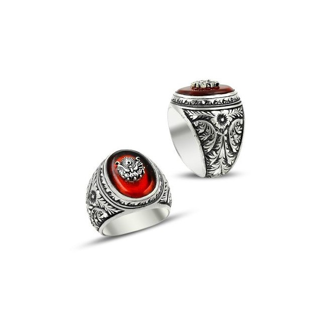 Kırmızı Taşlı Osmanlı Armalı Erzurum El İşi Gümüş Yüzük