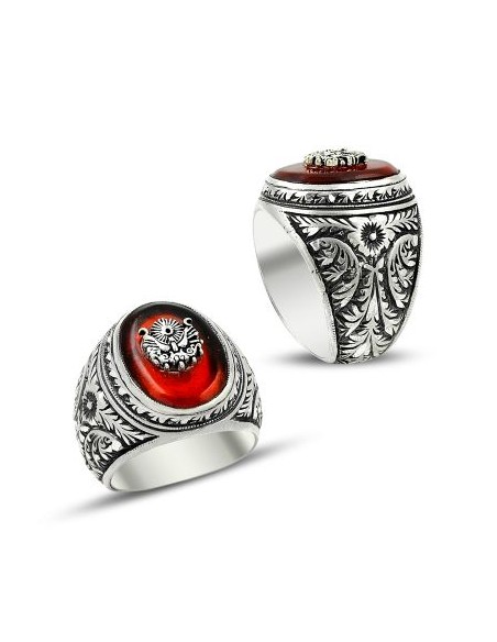 Kırmızı Taşlı Osmanlı Armalı Erzurum El İşi Gümüş Yüzük