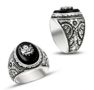 Kırmızı Taşlı Osmanlı Armalı Erzurum El İşi Gümüş Yüzük 2