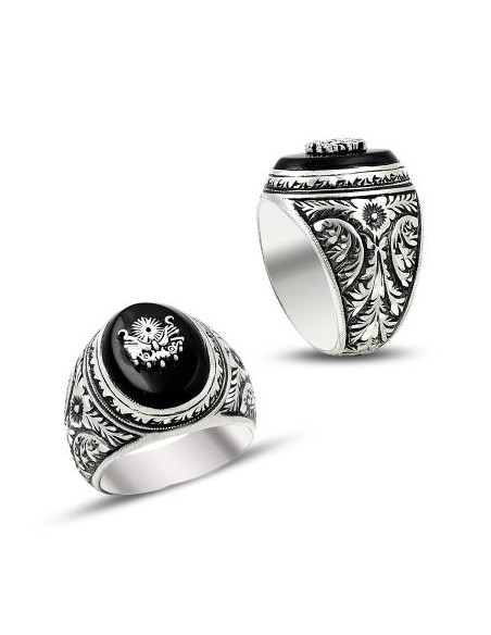 Kırmızı Taşlı Osmanlı Armalı Erzurum El İşi Gümüş Yüzük