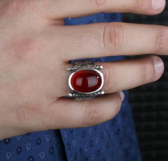 Kırmızı Taşlı Ya Sabır Yazılı El İşi Yüzük 2