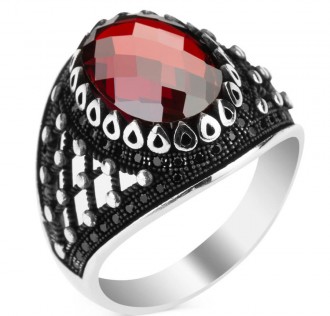 Kırmızı Zirkon Taşlı Oval Model Gümüş Erkek Yüzük