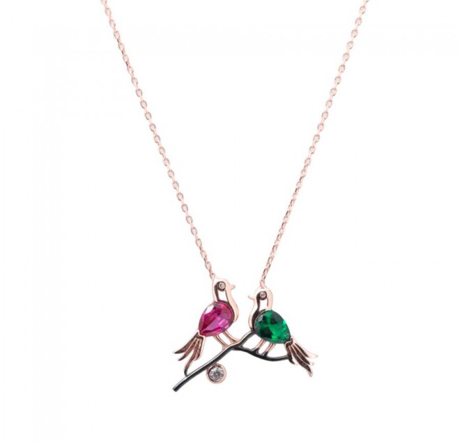 Kuş Motifli Taşlı Bayan Kolye