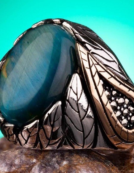 Mavi Kaplangözü Taşlı Gümüş Erkek Yüzük