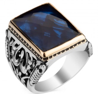 Mavi Zirkon Taşlı Dikdörtgen Büyük Gümüş Erkek Yüzük