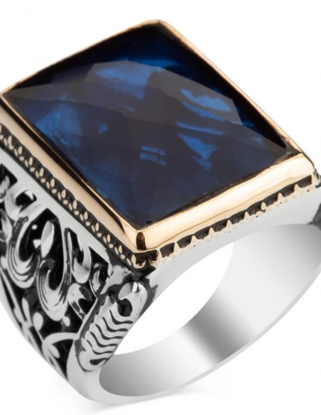 Mavi Zirkon Taşlı Dikdörtgen Büyük Gümüş Erkek Yüzük