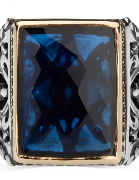 Mavi Zirkon Taşlı Dikdörtgen Büyük Gümüş Erkek Yüzük