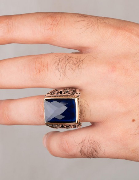 Mavi Zirkon Taşlı Dikdörtgen Büyük Gümüş Erkek Yüzük