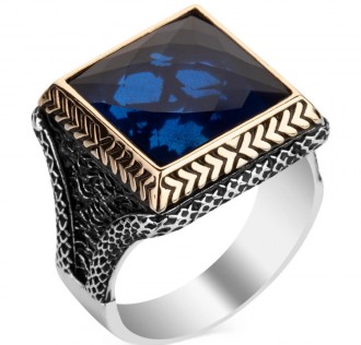 Mavi Zirkon Taşlı Kare Tasarım Erkek Gümüş Yüzüğü
