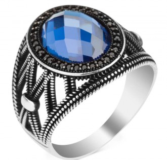 Mavi Zirkon Taşlı Oval Model Gümüş Erkek Yüzük