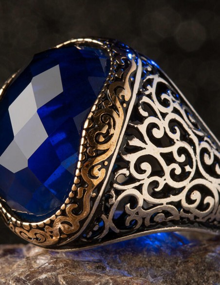 Mavi Zirkon Taşlı Süslemeli Gümüş Erkek Yüzük