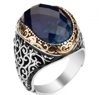 Mavi Zirkon Taşlı Süslemeli Gümüş Erkek Yüzük 2