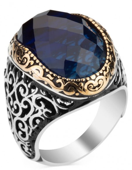 Mavi Zirkon Taşlı Süslemeli Gümüş Erkek Yüzük