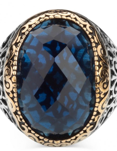 Mavi Zirkon Taşlı Süslemeli Gümüş Erkek Yüzük