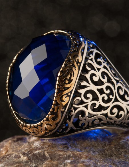 Mavi Zirkon Taşlı Süslemeli Gümüş Erkek Yüzük