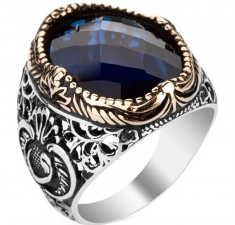 Mavi Zirkon Taşlı Vav Figürlü Gümüş Erkek Yüzük