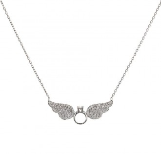 Melek Kanatlı Tek Taş Yüzük Motifli Gümüş Kolye