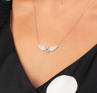 Melek Kanatlı Tek Taş Yüzük Motifli Gümüş Kolye 2