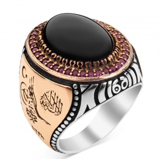 Mor Taş İşlemeli Siyah Oniks Taşlı Gümüş Erkek Yüzük