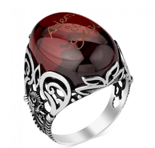 Osmanlı Arma Figürlü Kırmızı Taşlı İsim Yazılı Yüzük