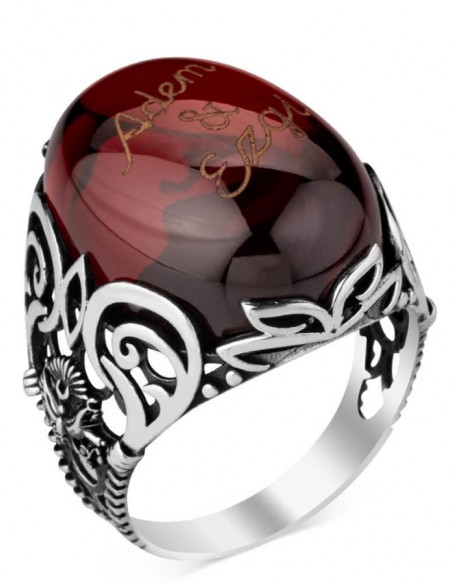 Osmanlı Arma Figürlü Kırmızı Taşlı İsim Yazılı Yüzük