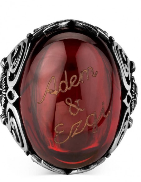 Osmanlı Arma Figürlü Kırmızı Taşlı İsim Yazılı Yüzük