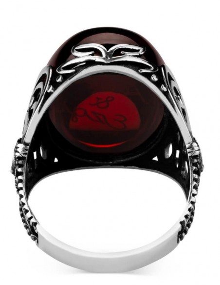 Osmanlı Arma Figürlü Kırmızı Taşlı İsim Yazılı Yüzük