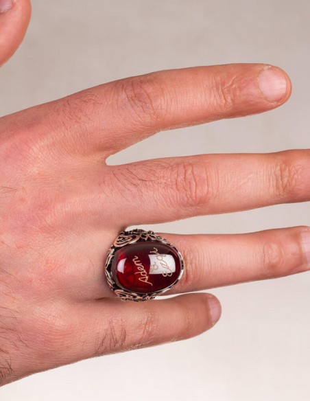 Osmanlı Arma Figürlü Kırmızı Taşlı İsim Yazılı Yüzük