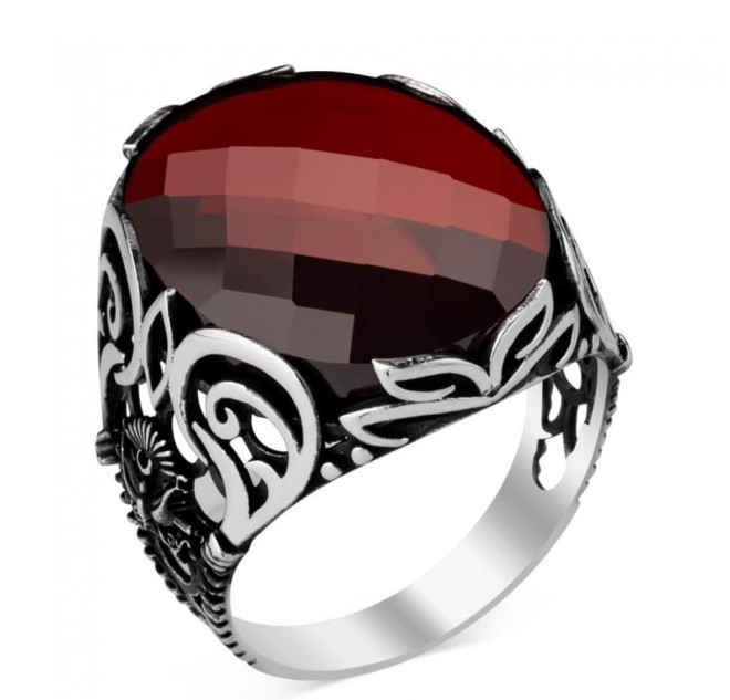 Osmanlı Arma Motifli Fasetalı Kırmızı Zirkon Taşlı Erkek Yüzük