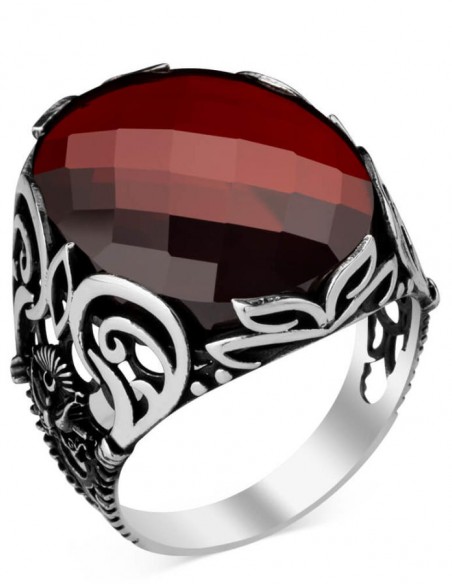 Osmanlı Arma Motifli Fasetalı Kırmızı Zirkon Taşlı Erkek Yüzük