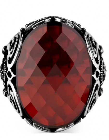 Osmanlı Arma Motifli Fasetalı Kırmızı Zirkon Taşlı Erkek Yüzük