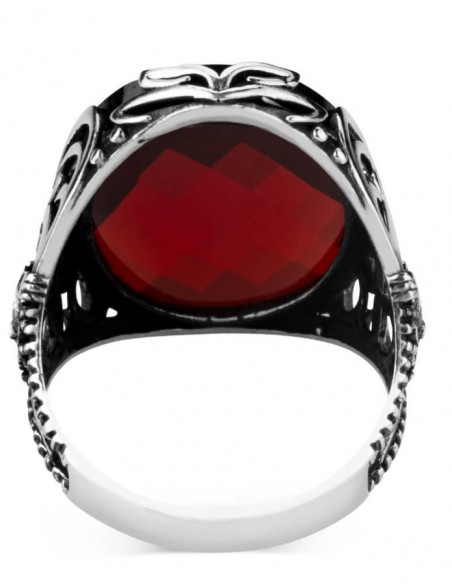 Osmanlı Arma Motifli Fasetalı Kırmızı Zirkon Taşlı Erkek Yüzük