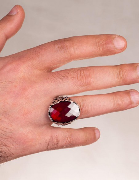 Osmanlı Arma Motifli Fasetalı Kırmızı Zirkon Taşlı Erkek Yüzük