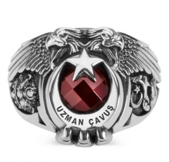 Osmanlı Arması ve Bozkurt Motifli Çift Kartal Başlı Uzman Çavuş Yüzüğü