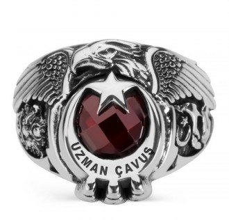 Osmanlı Arması ve Bozkurt Motifli Kartal Başlı Uzman Çavuş Yüzüğü