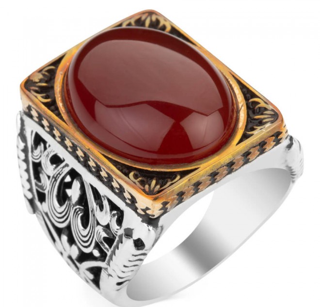 Oval Akik Taşlı Dikdörtgen Gümüş Erkek Yüzük