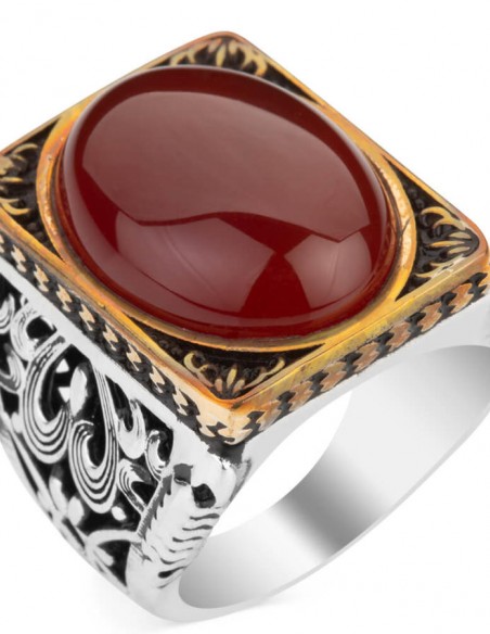 Oval Akik Taşlı Dikdörtgen Gümüş Erkek Yüzük