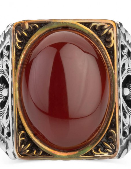 Oval Akik Taşlı Dikdörtgen Gümüş Erkek Yüzük