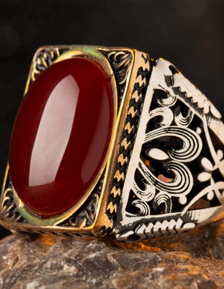 Oval Akik Taşlı Dikdörtgen Gümüş Erkek Yüzük