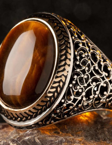 Oval Kahverengi Kaplangözü Taşlı Simetrik Desen Gümüş Erkek Yüzük