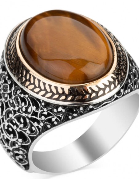 Oval Kahverengi Kaplangözü Taşlı Simetrik Desen Gümüş Erkek Yüzük