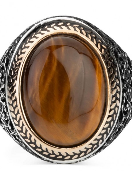Oval Kahverengi Kaplangözü Taşlı Simetrik Desen Gümüş Erkek Yüzük