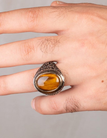 Oval Kahverengi Kaplangözü Taşlı Simetrik Desen Gümüş Erkek Yüzük